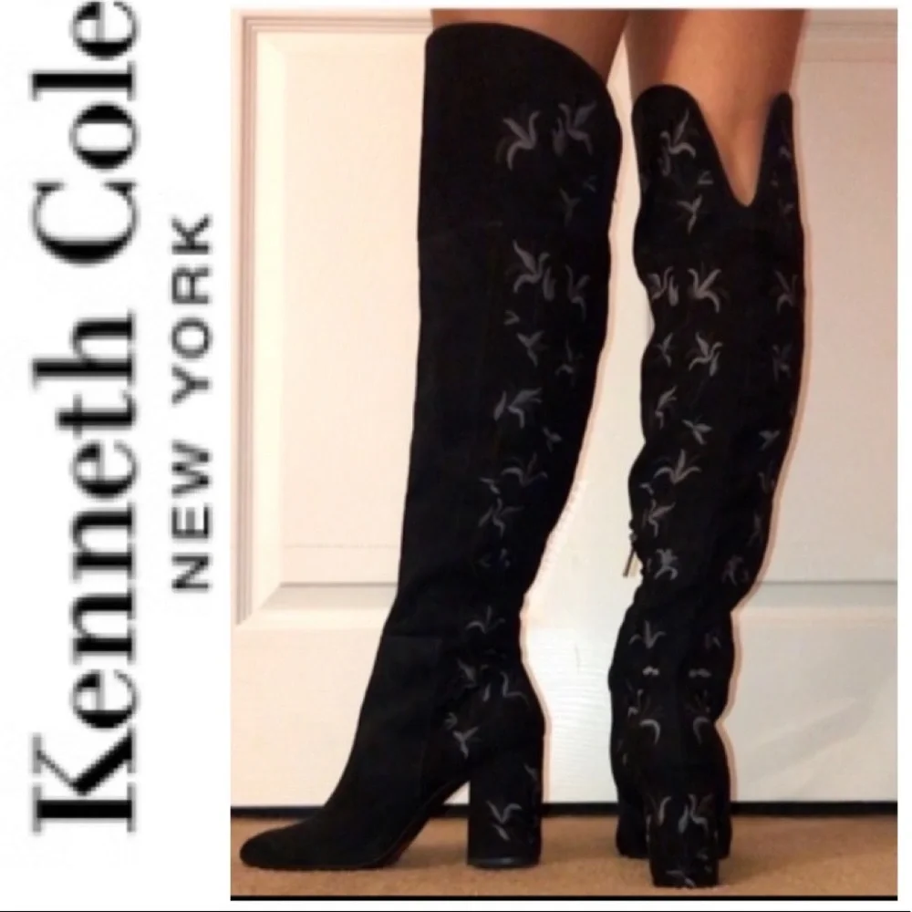 Sexy Knee High Boots Black Flower Embroidery Claire Womens Size 8.5